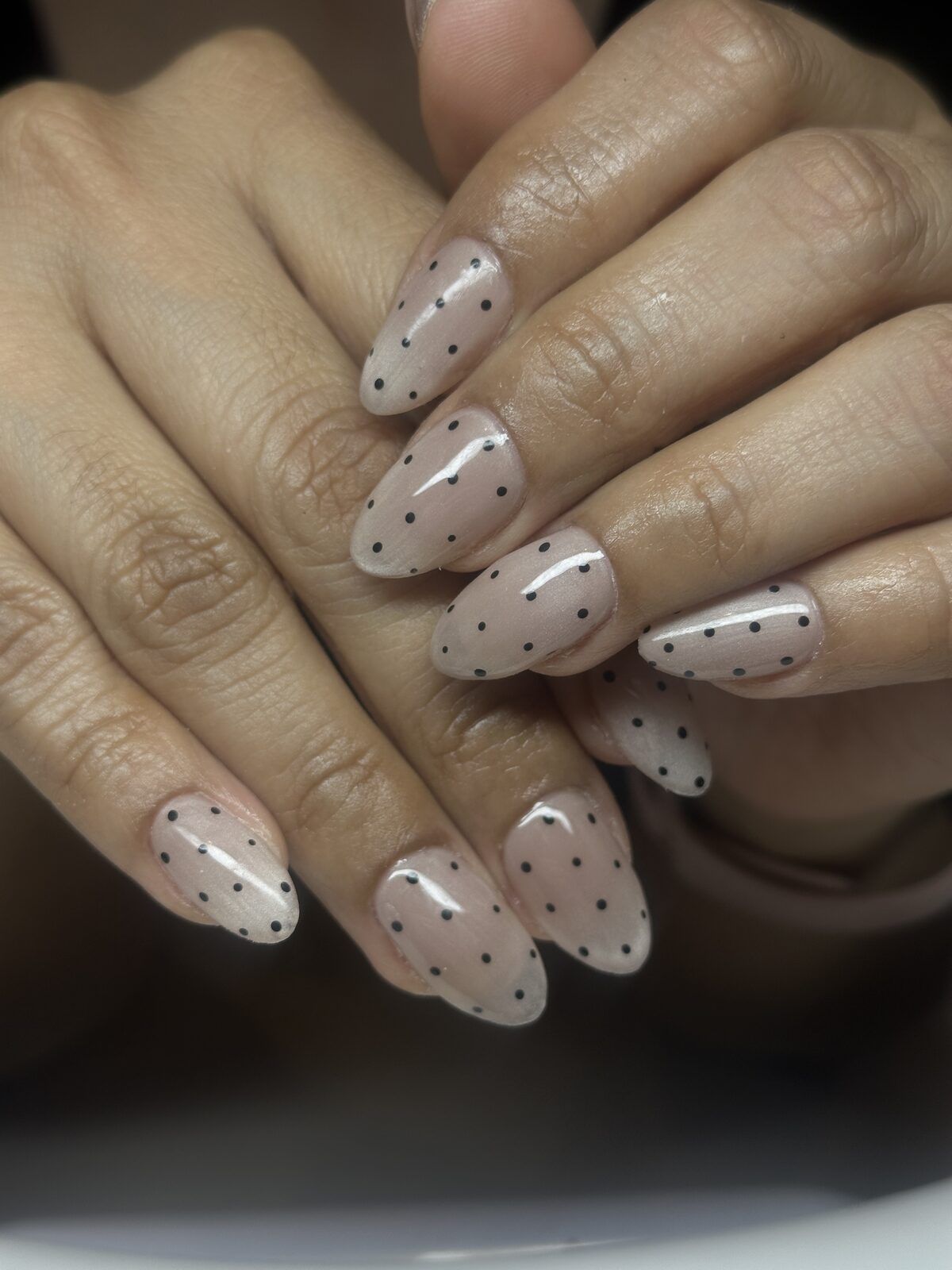 Gel X almond extensions nude with black polka dots - Wolf SGX Lachine