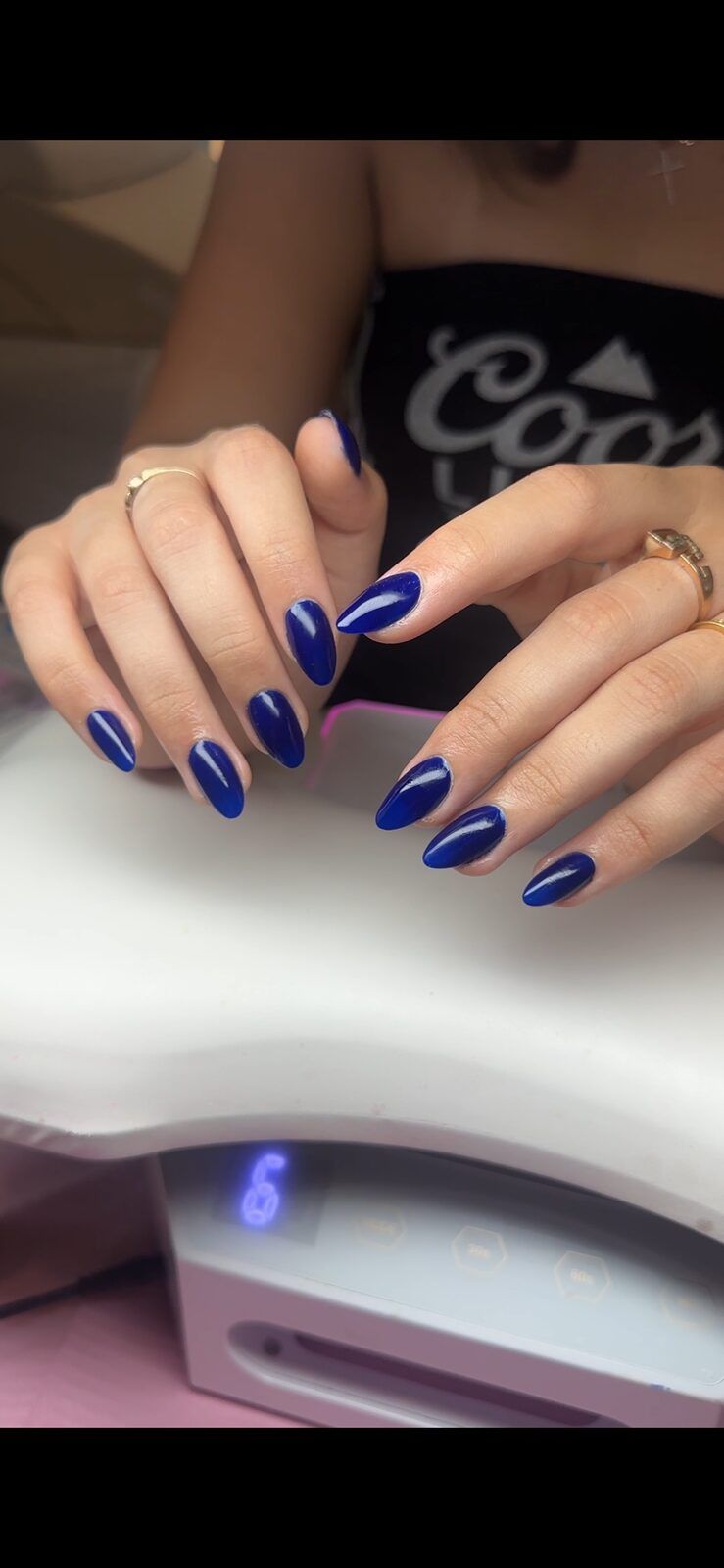 Gel X almond extensions glossy cobalt blue - Wolf SGX Montreal